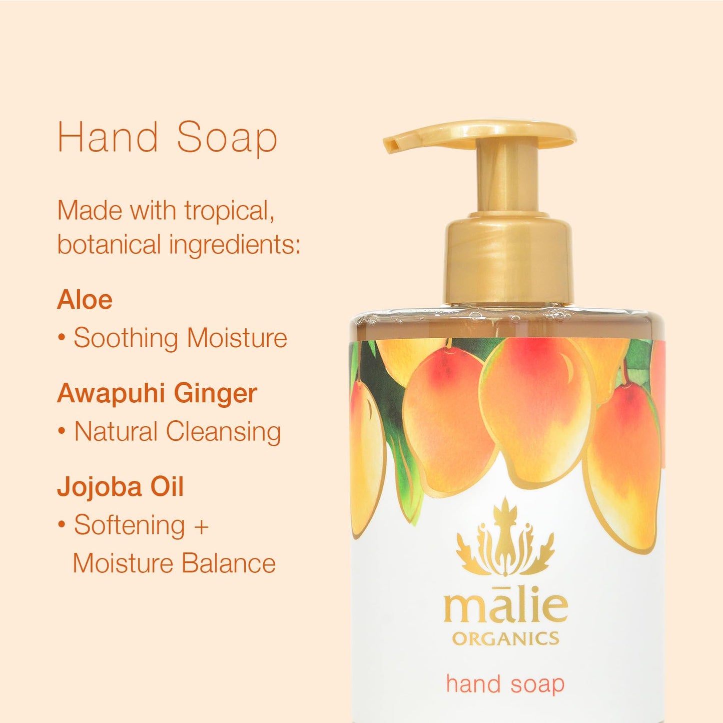 M?lie Organics Hand Soap, Mango, 13.5 oz, Organic Moisturizing Hand Wash with Aloe + Hawaiian Hydrosols, Vegan Beauty & Personal Care Malie