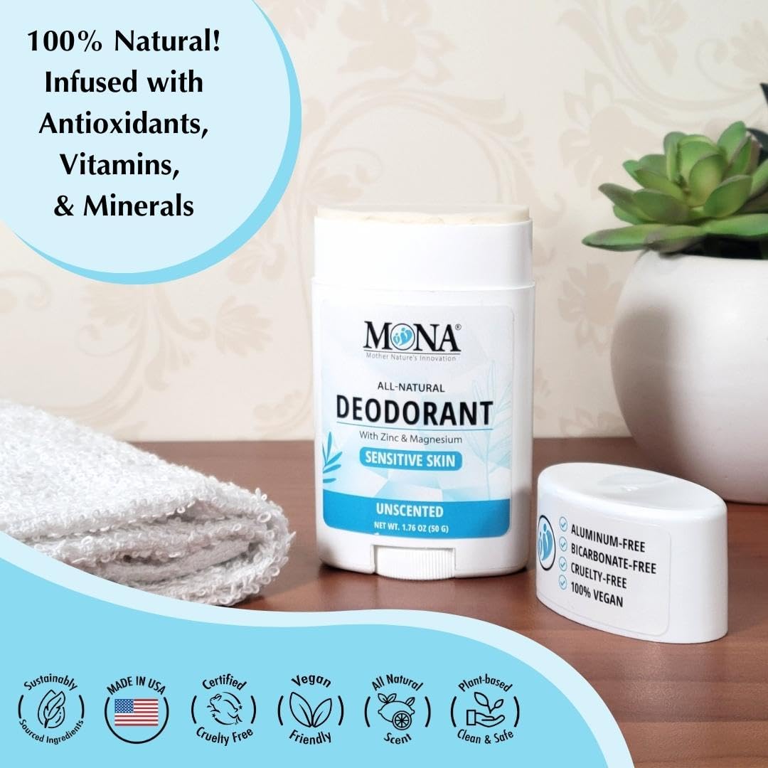 MONA BRANDS All Natural Deodorant For Women & Men - For Sensitive Skin - No Aluminum or Baking Soda - (2-Pack UNSCENTED 1.76 Oz each) Beauty and Personal Care MONA