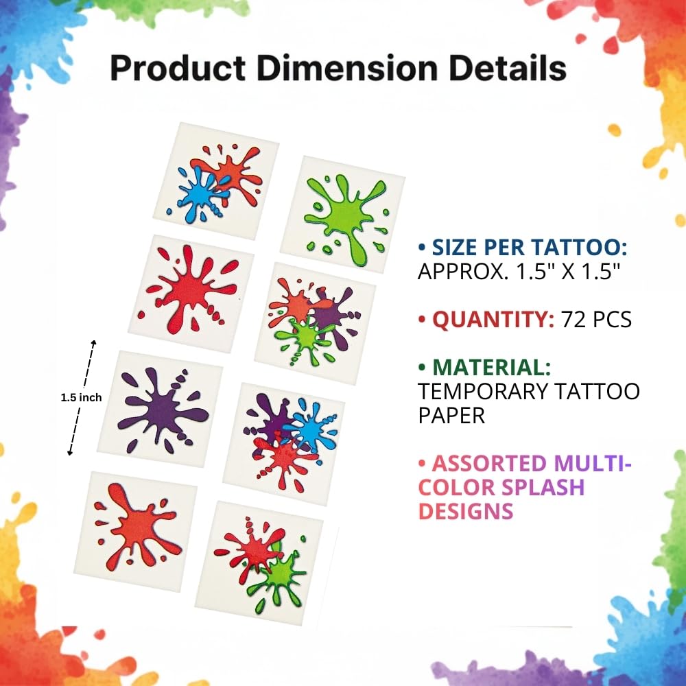 Fun Express ARTIST PAINT SPLASH TATTOOS - Apparel Accessories - VBS Vacation Bible School Supplies/Decor - 72 Pieces