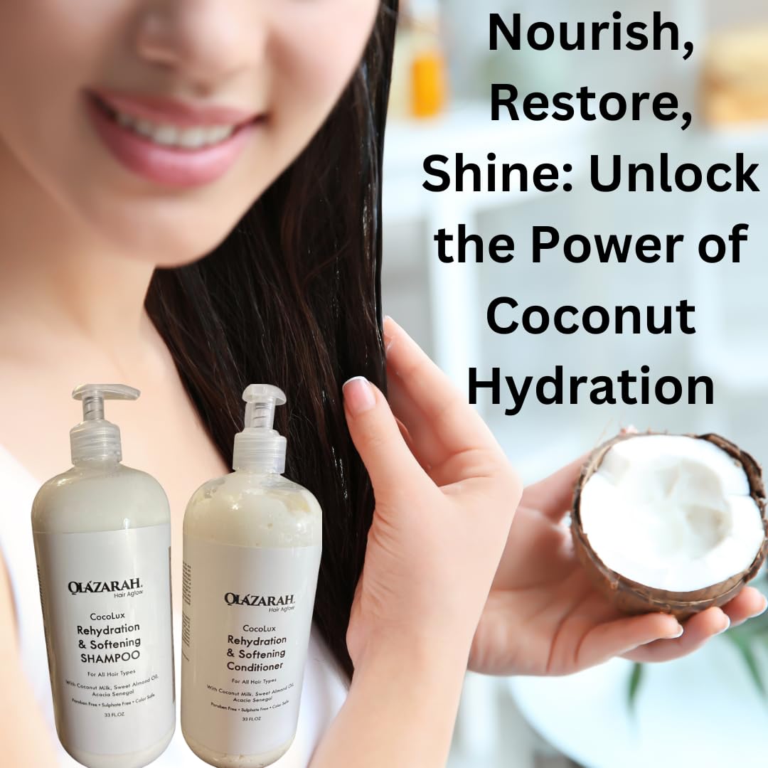 OLAZARAH Cocolux Rehydration Shampoo & Conditioner Set - 33 Fl Oz Each - Enriched with Coconut Milk & Sweet Almond Oil - Moisturizing Formula Beauty & Personal Care OLAZARAH