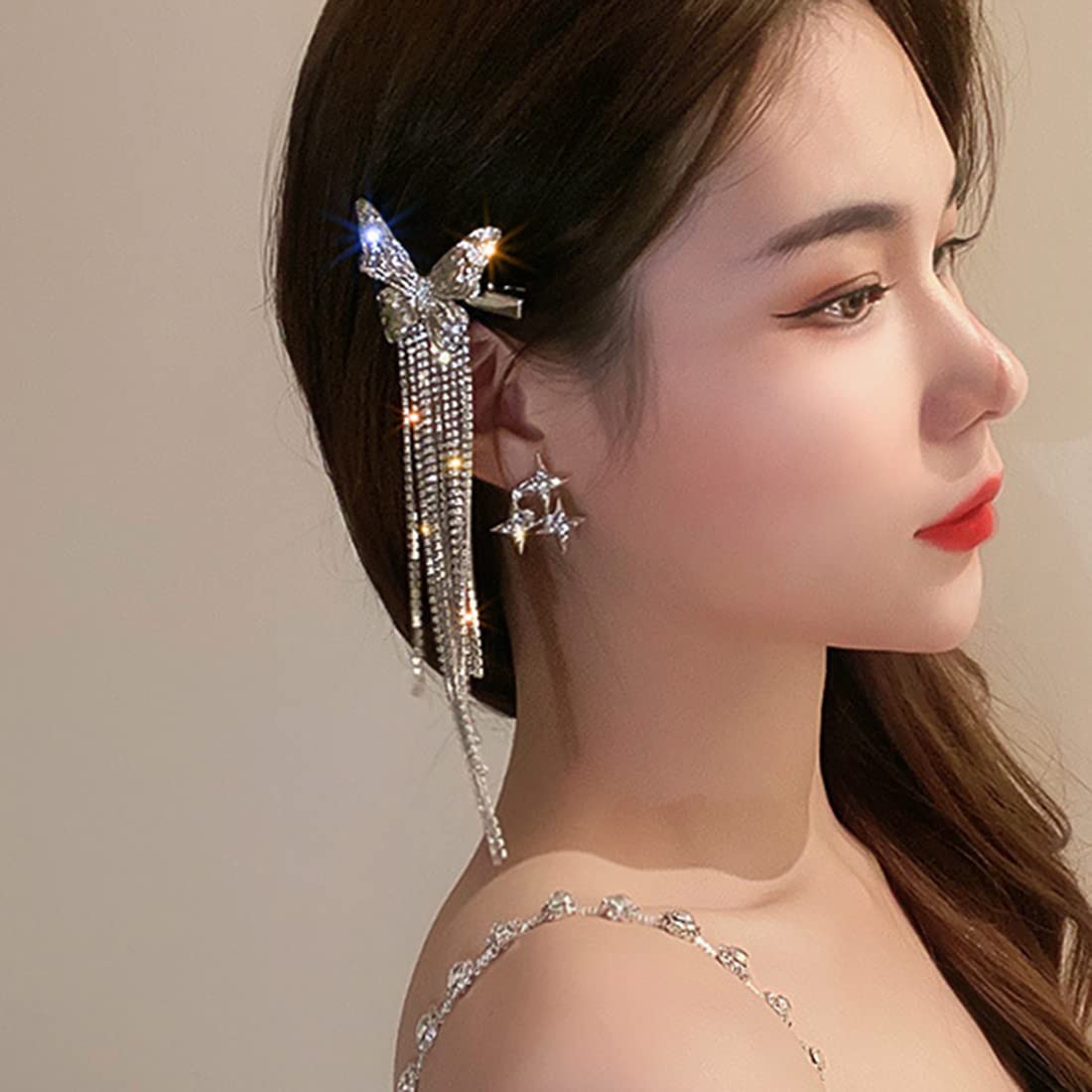 Wekicici Butterfly Rhinestone Tassel Clips Rhinestone Hair Clips Butterfly Tassel Hair Accessories for Women and Girls, silver Beauty & Personal Care wekicici