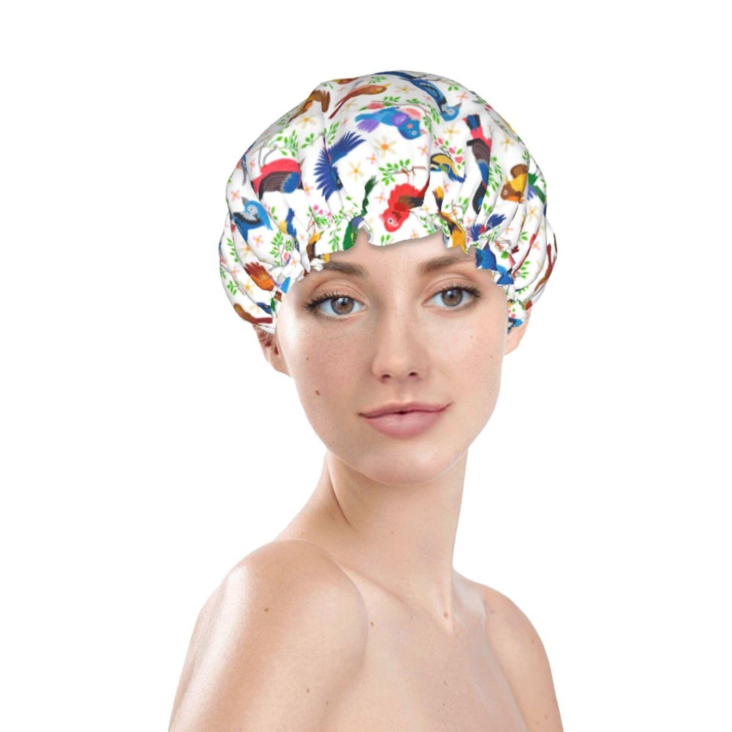 Birds Pattern Shower Cap For Women Reusable Waterproof Double Layers Bath Cap Hair Protection Elastic Ladies Spa Salon Shower Hat Beauty and Personal Care YUZEKABZ