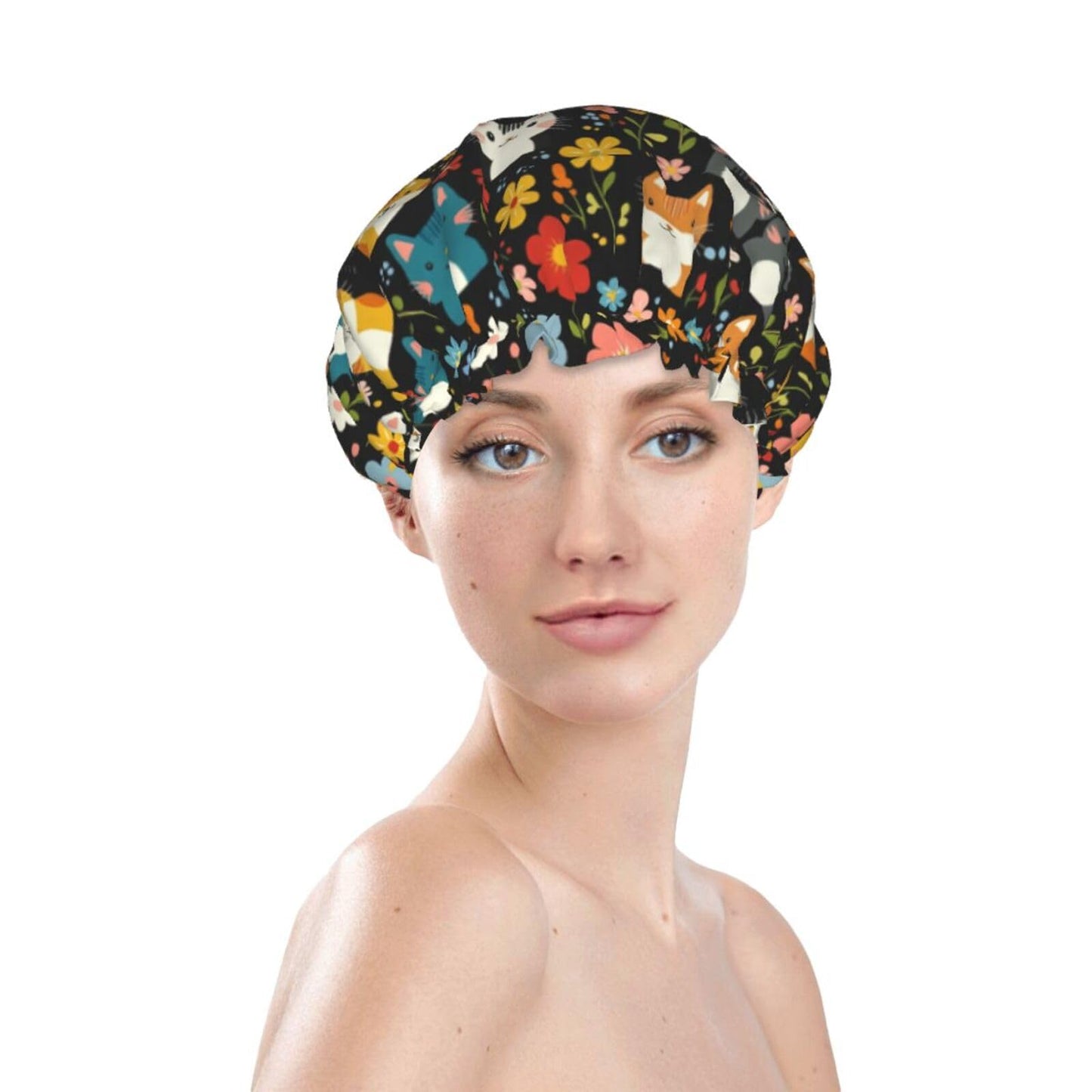 Bedbliss Cute Cats Print Shower Cap, Waterproof Reusable Bath Caps For Women Hair, Double Layers Elastic Shower Hat Hair Protection Beauty and Personal Care Bedbliss