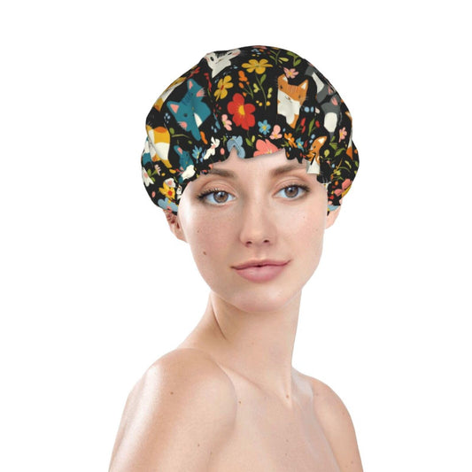 Bedbliss Cute Cats Print Shower Cap, Waterproof Reusable Bath Caps For Women Hair, Double Layers Elastic Shower Hat Hair Protection Beauty and Personal Care Bedbliss