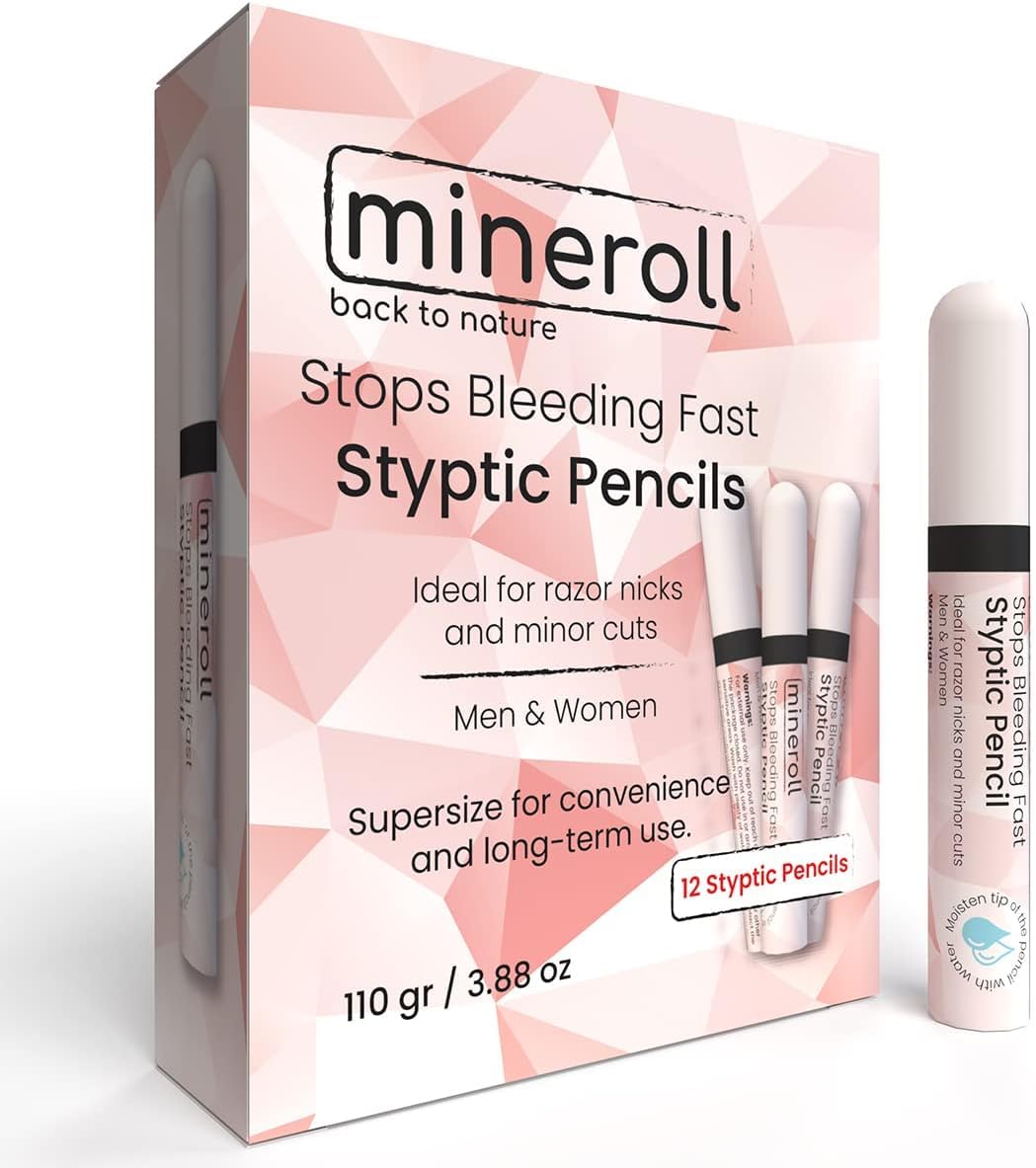 Styptic Pencils Shave Accessories (12 Pencils) Stops Bleeding Fast for Shaving Nicks, Razor Cuts for Men & Women - Sanitary and Great for Barbers or Beauty and Personal Care MINEROLL