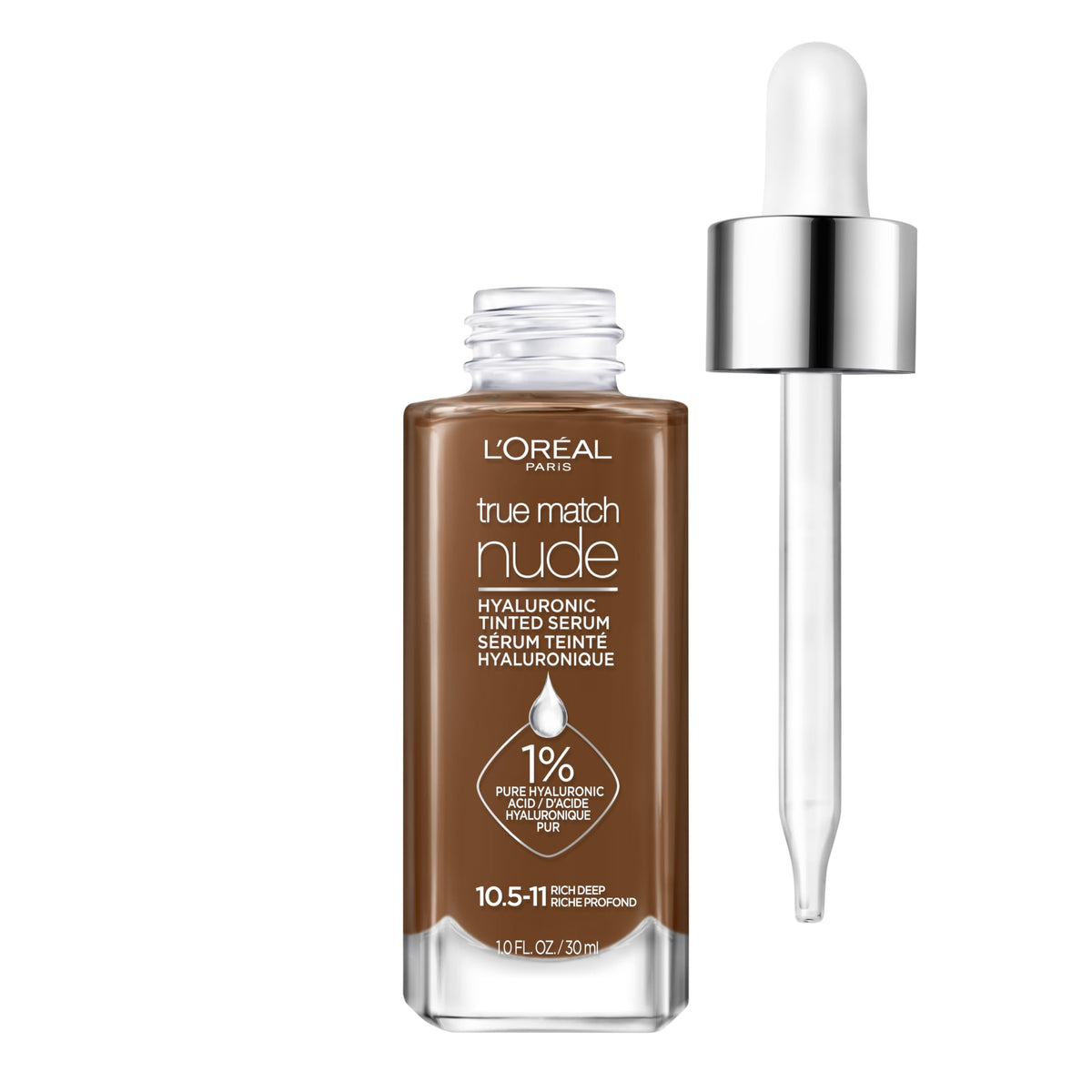 L'Oreal Paris True Match Nude Hyaluronic Tinted Serum Foundation with 1% Hyaluronic acid, Rich Deep, 1 fl. oz.