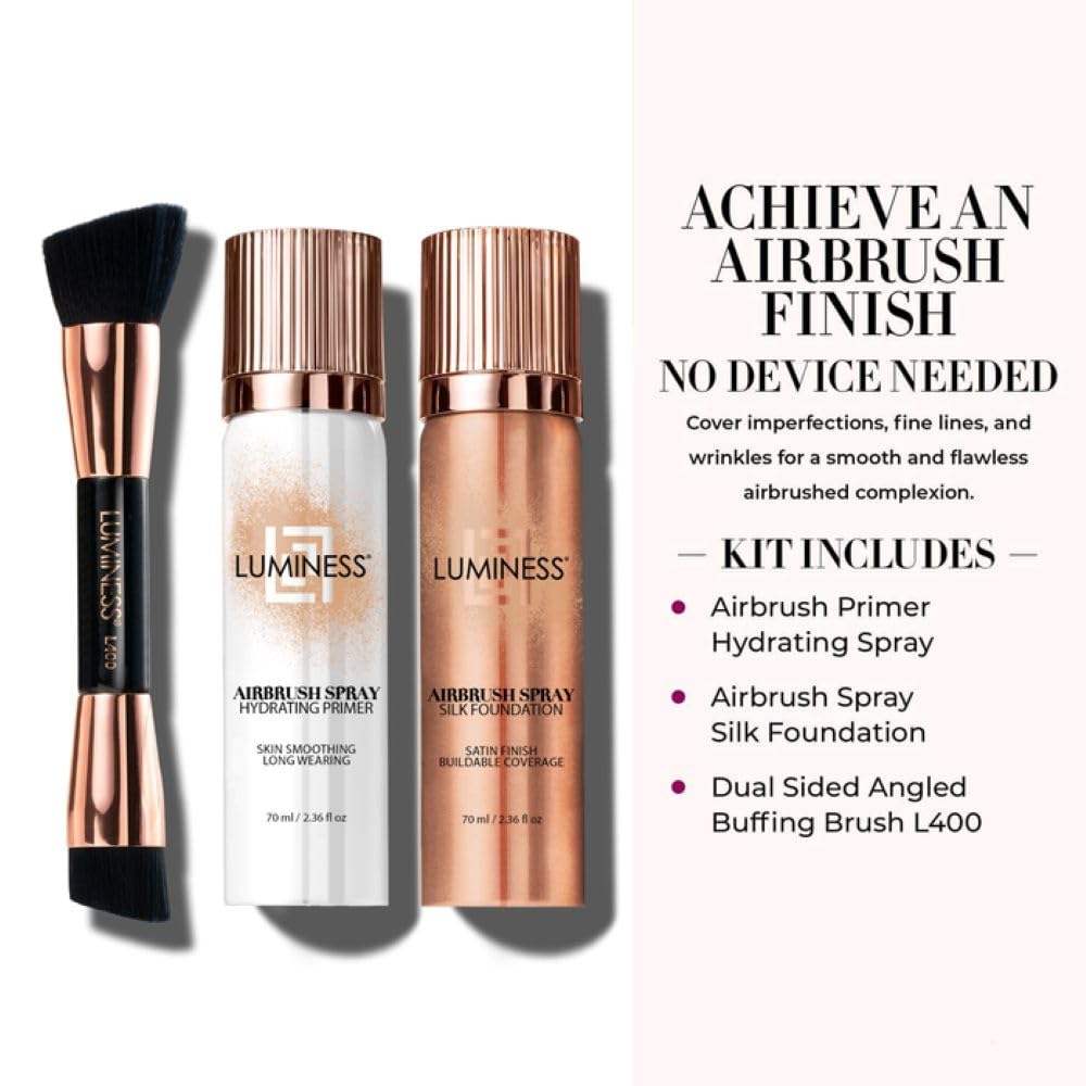 LUMINESS Airbrush Spray Silk Foundation Starter Kit - Fair - Foundation, Primer & Dual-Sided Angled Buffing Brush - Medium, Buildable Coverage Beauty & Personal Care LUMINESS