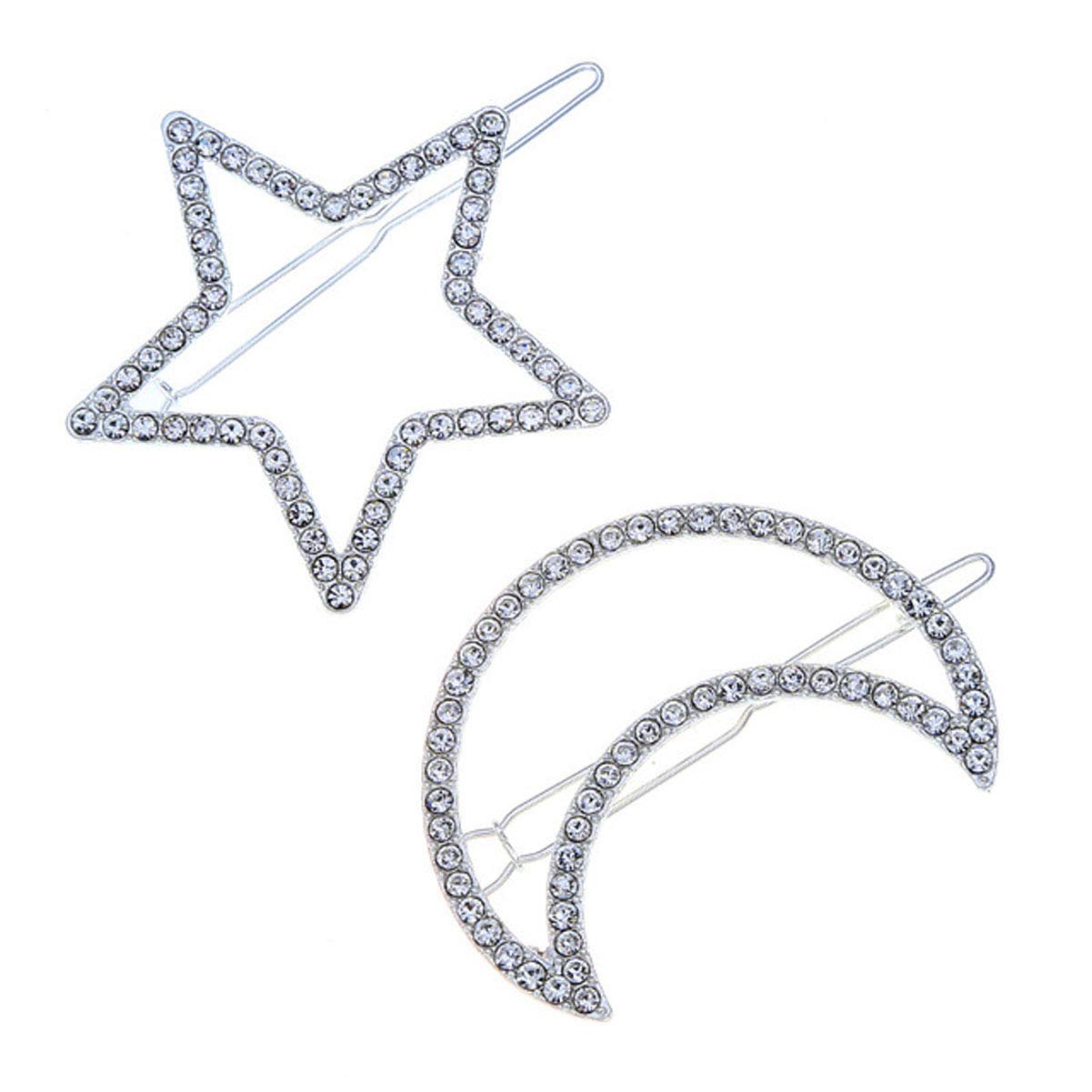 2 Pcs Silver Rhinestone Crystal Geometric Stars Moon Hair Clip Fashion Woman Hollow Side Clip Barrettes Hairpin Hair Accessories Beauty & Personal Care Teppylony