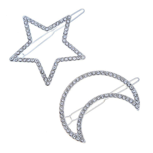 2 Pcs Silver Rhinestone Crystal Geometric Stars Moon Hair Clip Fashion Woman Hollow Side Clip Barrettes Hairpin Hair Accessories Beauty & Personal Care Teppylony