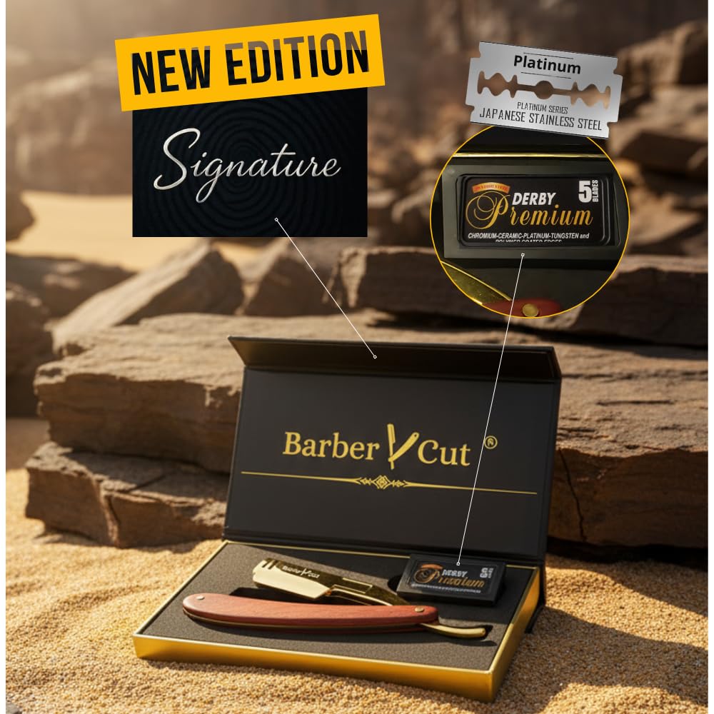 Barber Cut Men's Shaver Gift Box Shavette Cut Stainless Steel Cabbage Gold Colour and Precious Wood Beard Kit with Pack of 5 Double Professional Razor Beauty and Personal Care Barber Cut