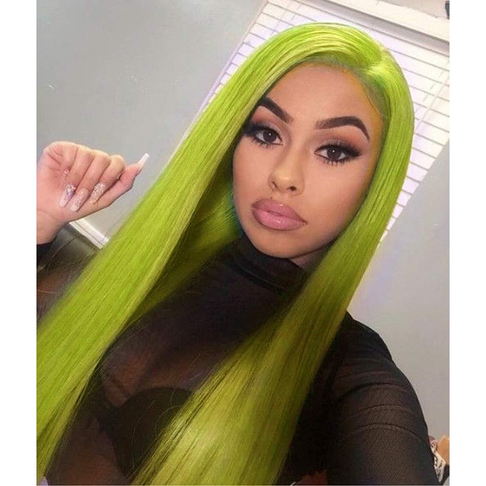 Fresh Green Lace Front Wigs for Women Long Silky Soft Pastel Neon Synthetic Real Hair Wig Pre Plucked Hairline Avocado Green Handmade Wigs