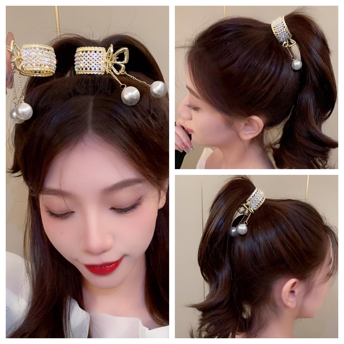 Textention Small Hair Claw Clips for High Ponytail, 2 Pieces Rhinestone Shark Hair Clips with Nonslip Mini Pearl Hair Clamps, Hair Clips Hairpins Hair Beauty & Personal Care Textention