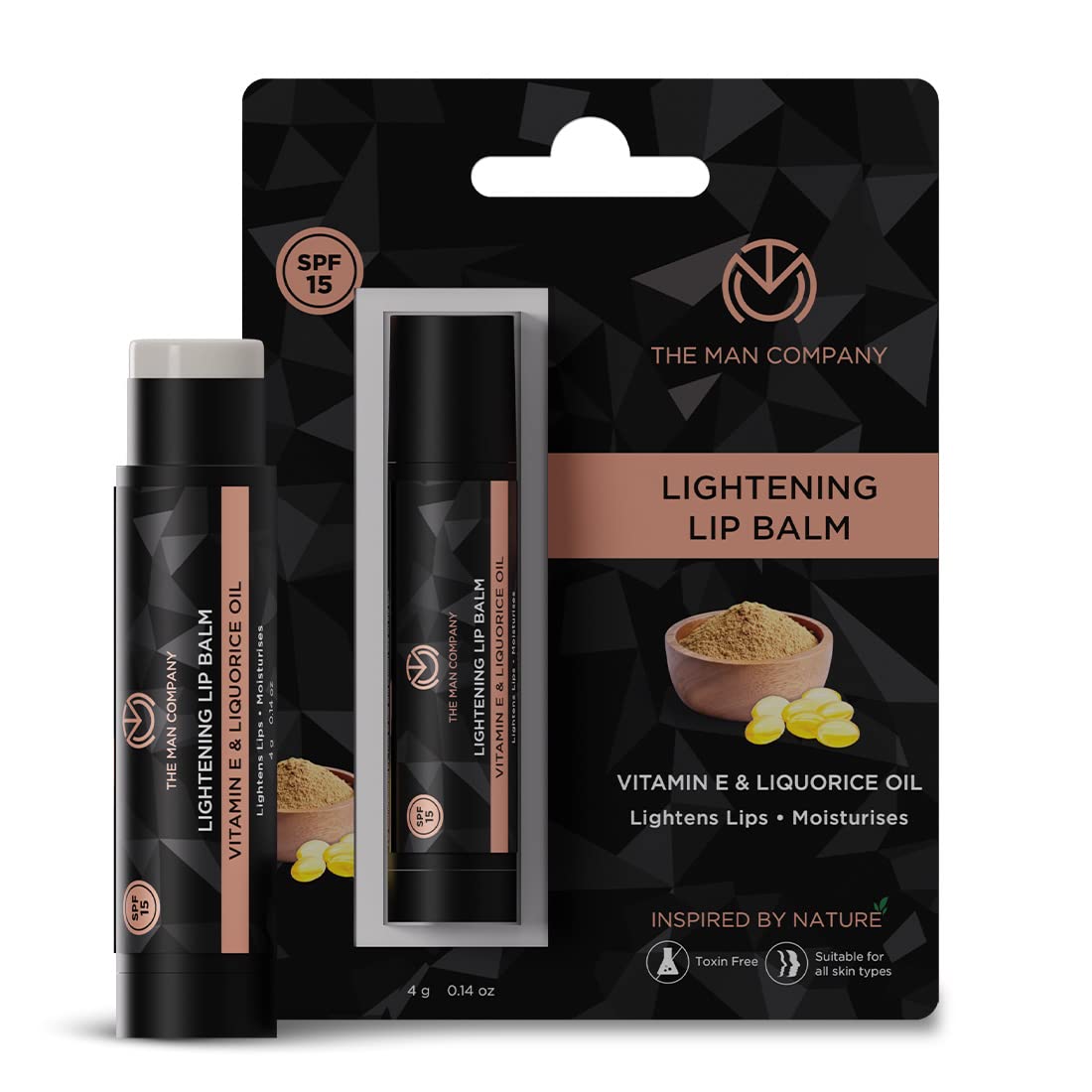 The Man Company Lightening Lip Balm for Men with Vitamin E & Liquorice Oil (0.14 oz), Lightens Darkened Lips, Nourishes, Moisturizes & Hydrates - PABA Beauty and Personal Care The Man Company