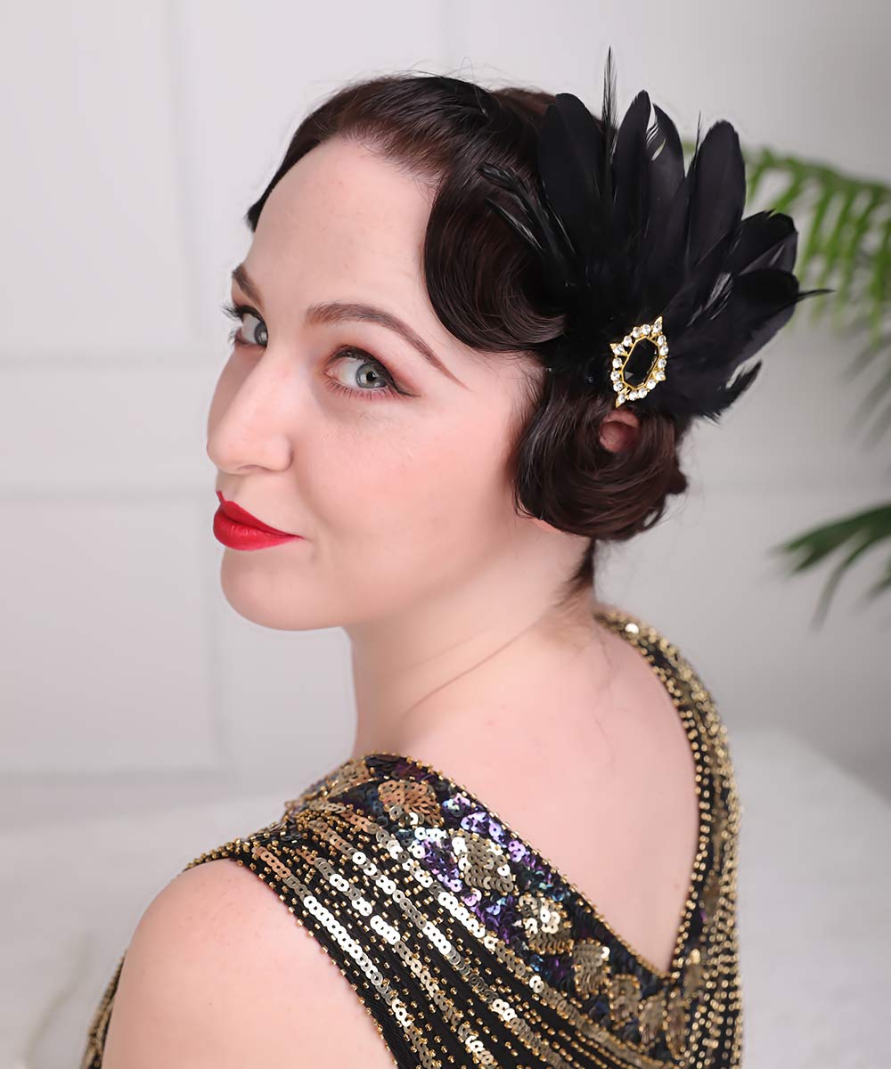 Aimimier 1920s Flapper Black Feather Headpiece Crystal Roaring 20s Feather Hair Clip Masquerade Hair Accessory for Women Beauty & Personal Care Aimimier