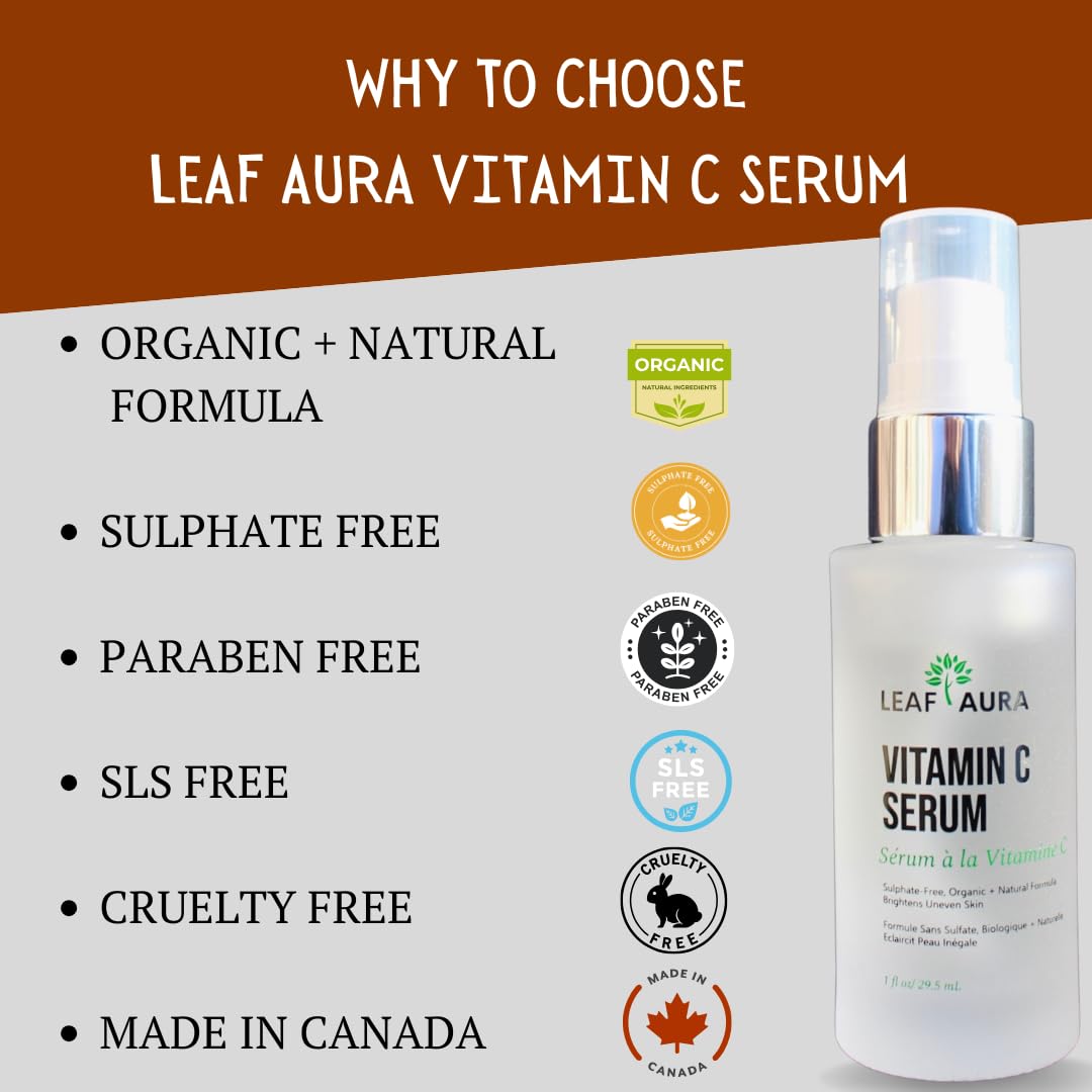 Leaf Aura Vitamin C Serum, Sulphate-Free, Organic+ Natural Formula, Brightens Uneven Skin, Made In Canada, 29.5ml Beauty & Personal Care leaf aura
