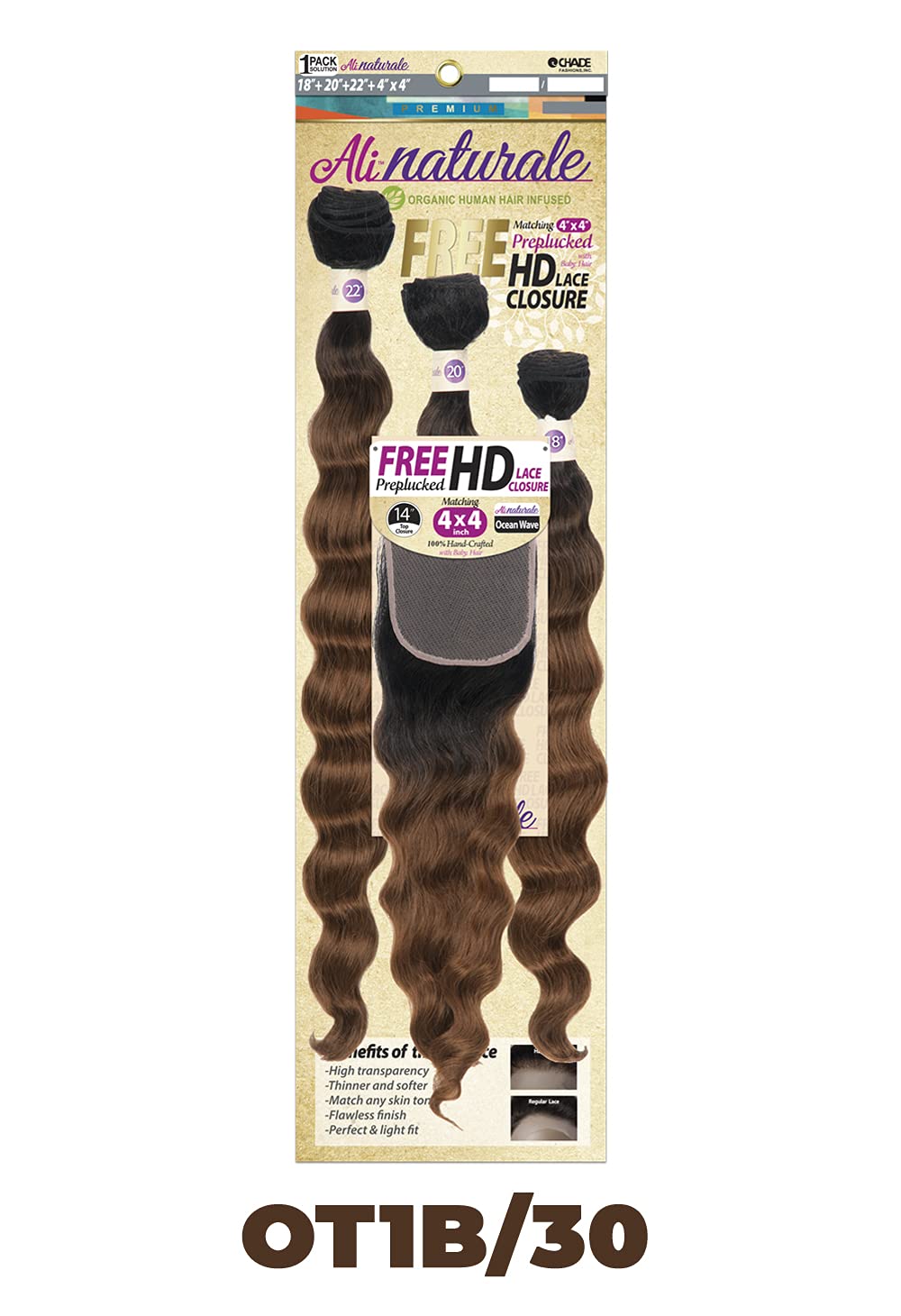 Chade Fashions Ali Naturale Weave Ocean Wave 18", 20", 22" + HD 4X4 Closure Human Hair Blended 1 Pack Solution - AN344O5 (OT1B/30)