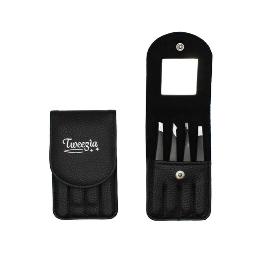 TWEEZIA Stainless Steel Precision Tweezers Set with Mirror Case, 4 Piece Beauty and Personal Care Houseify