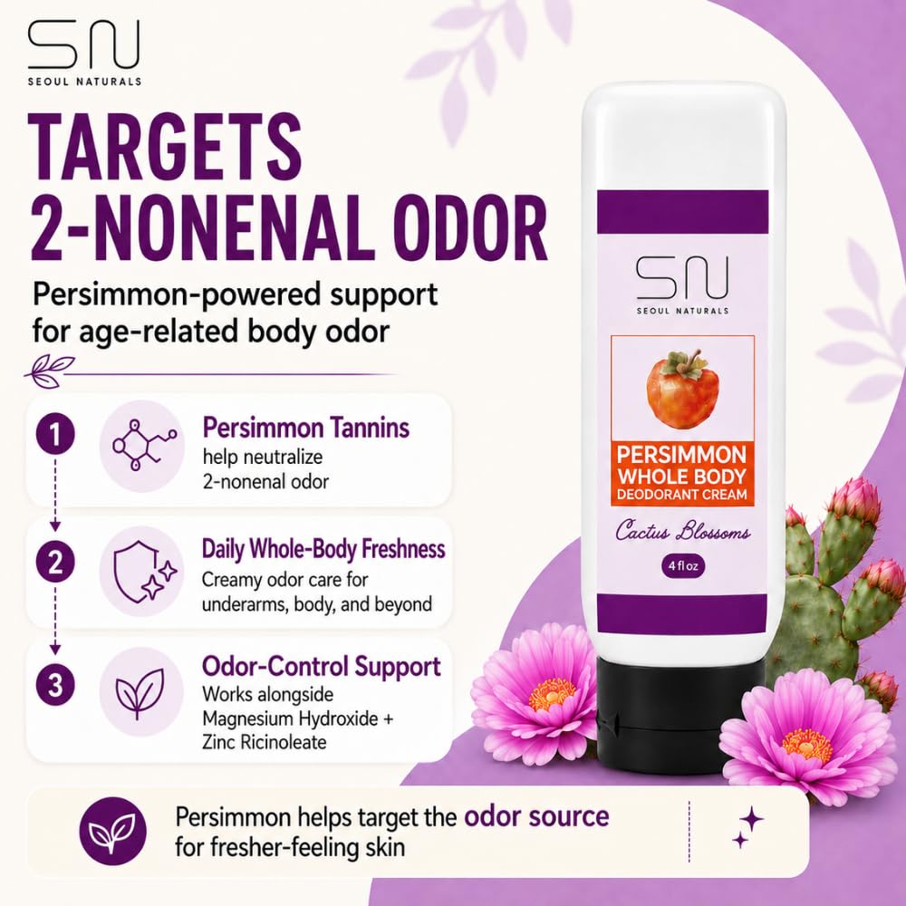 Seoul Naturals Persimmon Whole Body Deodorant Cream, Cactus Blossoms Scented, Eliminates Nonenal Odors, k beauty inspired, 4fl oz Beauty and Personal Care Seoul Naturals