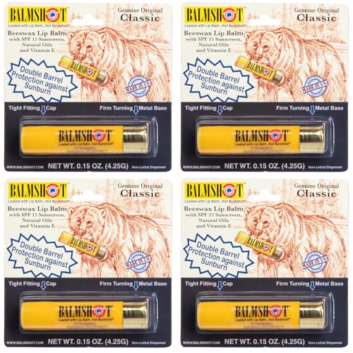 BALMSHOT Classic Natural Lip Balm SPF 15 (4-Pack) - Beeswax Chapstick with Natural Oils & Vitamin E, 20-Gauge Shotgun Shell Brass Tube, Long Lasting Beauty and Personal Care Balmshot