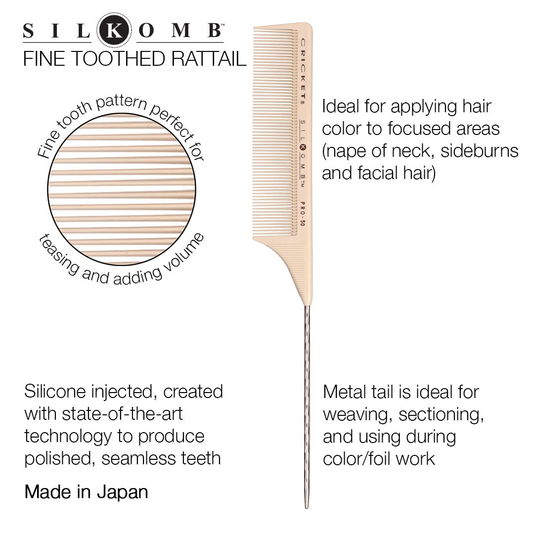 Cricket Silkomb Pro-50 Fine Tooth Rattail Comb for Hair - Precision Styling Tool with Seamless Teeth & Metal Tail for Sectioning, Weaving, and Smooth Beauty & Personal Care Cricket