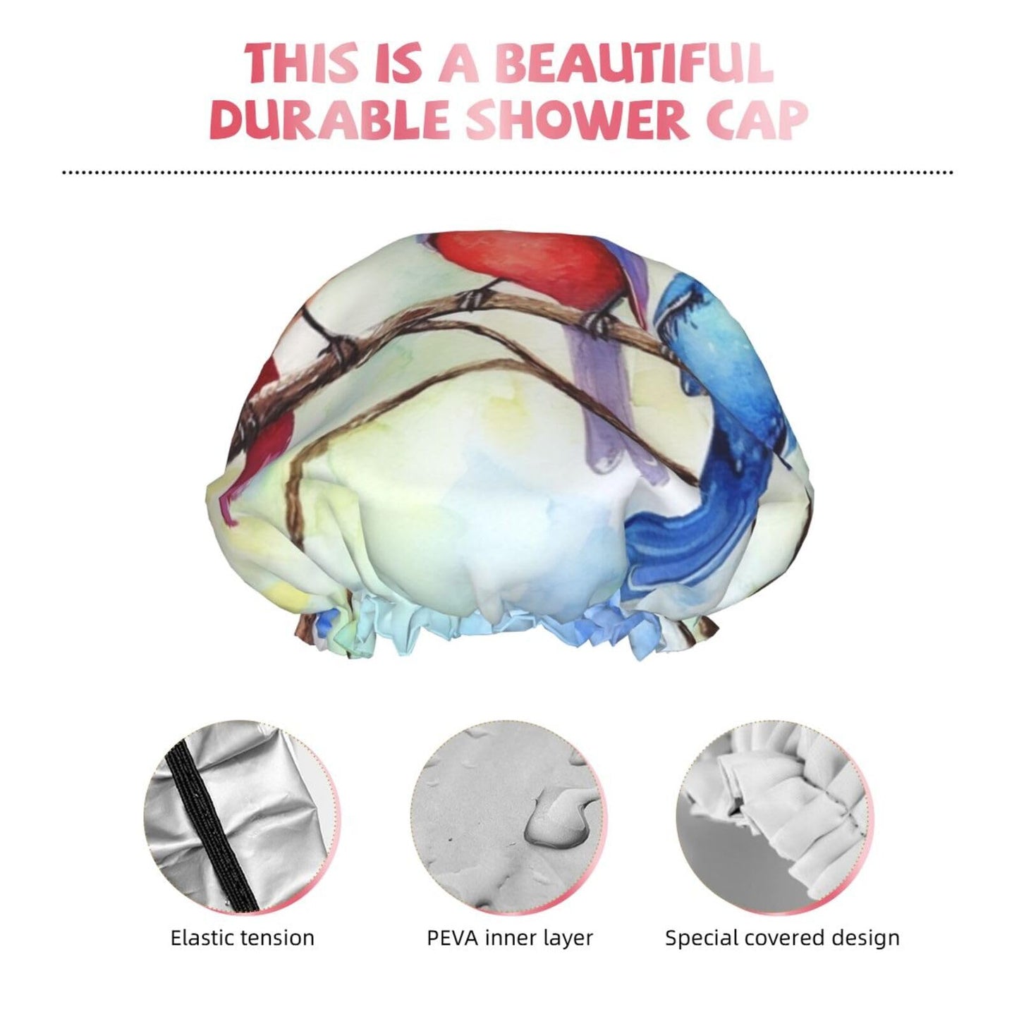 Five Singing Birds Shower Cap for Women Men Large Reusable Shower Bonnet Double-Layer Waterproof Bath Caps Elastic Band Hair Hat for All Hairstyles Beauty and Personal Care BWLHJKE