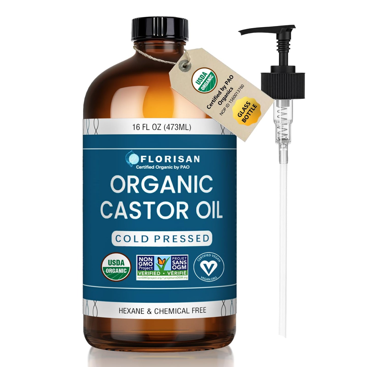 Florisan USDA Certified Organic Castor Oil 16oz Glass Bottle, Cold Pressed, Hexane-Free, Non-GMO, Vegan, 100% Pure Castor Oil for Hair Growth, Skin Beauty and Personal Care Florisan