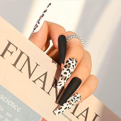 Sethexy Leopard Ballerina False Nail Matte Long Coffin Fake Nails Press on 24Pcs Acrylic Art Nail Tips For Women and Girls (Black) Beauty & Personal Care Sethexy