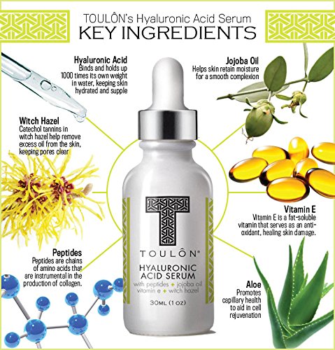 Organic Hyaluronic Acid Serum for Face with Natural Peptides, Pure Jojoba Oil, Vitamin E & Witch Hazel; Best to Build Collagen & Reduce Wrinkles Beauty & Personal Care TOULON