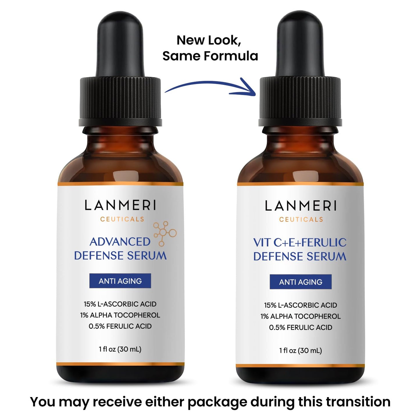 Lanmeri Ceuticals 15% Vitamin C + E + Ferulic Serum: Advanced Antioxidant Defense Formula with 1% Vitamin E & 0.5% Ferulic Acid - High-Stability Beauty & Personal Care Lanmeri