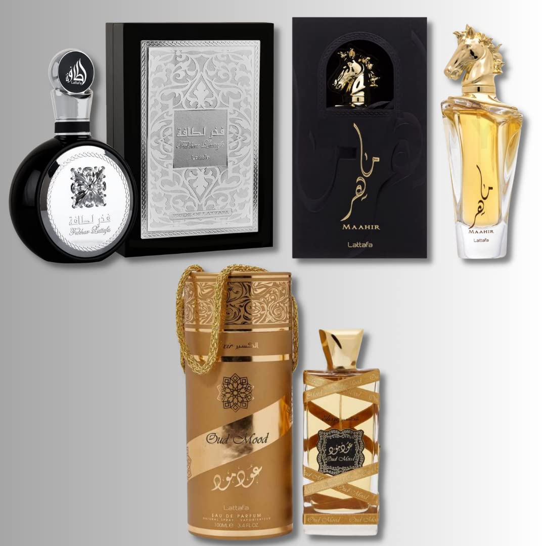 Lattafa for Unisex 3 Piece Eau de Parfum Gift Set (Maahir + Fakhar for Men + Oud Mood Elixir) 3.4 Ounce/100 ml each Beauty & Personal Care Lattafa