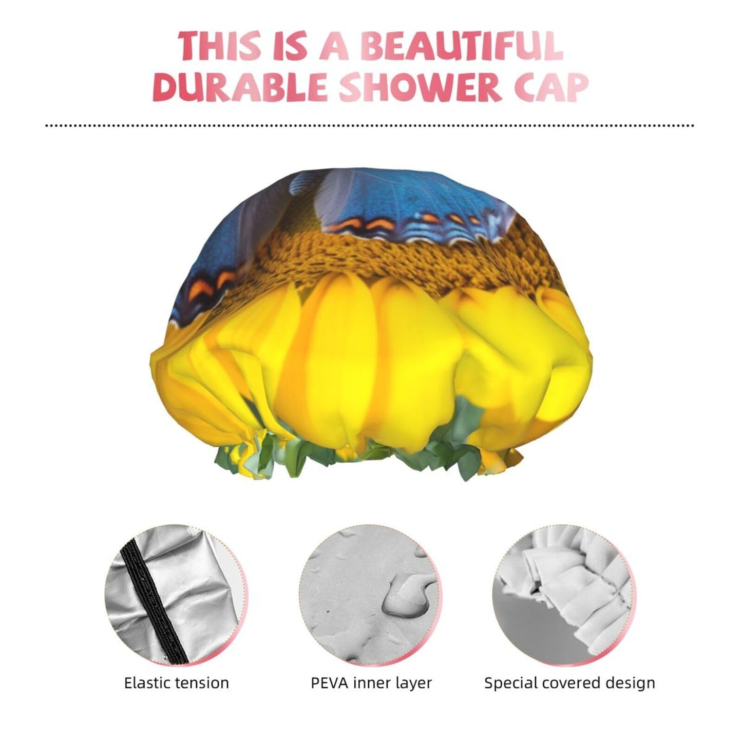 Sunflower Blue Butterfly Shower Cap for Women Men Large Reusable Shower Bonnet Double-Layer Waterproof Bath Caps Elastic Band Hair Hat for All Beauty and Personal Care BWLHJKE