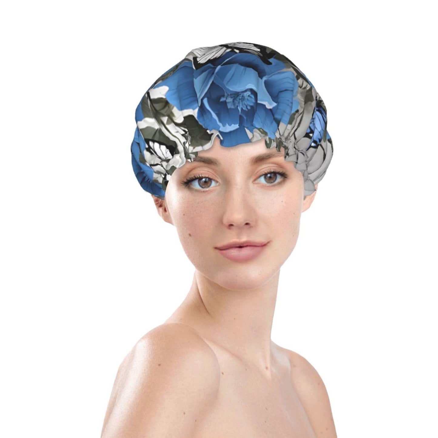Gray Teal Flower Butterfly Printed Double Layer Lined Shower Cap,Shower Caps For Women Reusable Beauty and Personal Care BEIVGOXL