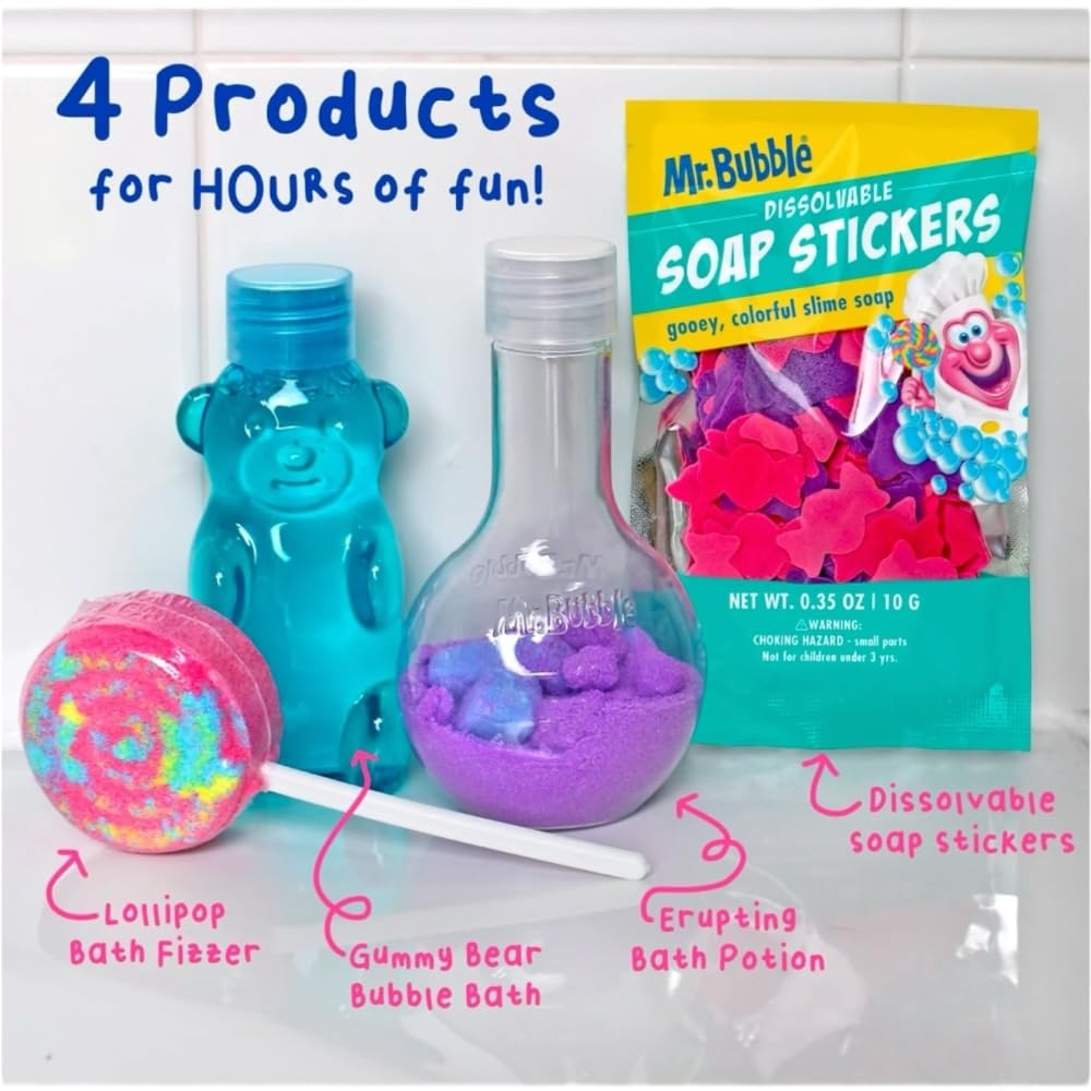 Mr Bubble Sweet Treats Bath Set, Lollipop Fizzer, Gummy Bear Bubble Bath, Bath Potion, Soap Stickers Beauty and Personal Care Mr. Bubble