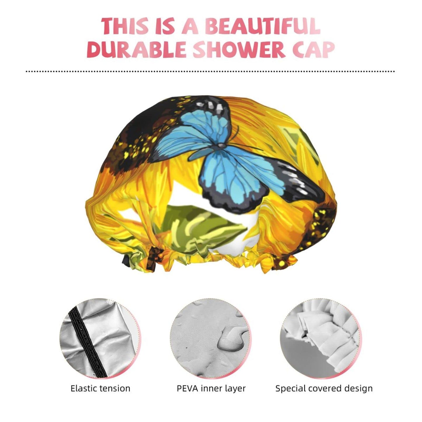 Sunflowers Blue Butterflies Shower Cap for Women,Double Waterproof Layers Bathing Shower Hat Large Designed for all Hair Beauty and Personal Care JIAOGSNC