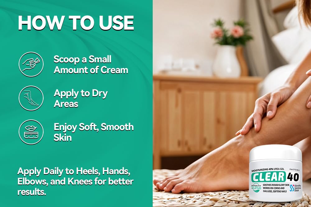 CLEAR 40, 40% Urea Gel, 4 oz w/Tea Tree & Coconut Oil, Aloe Vera Extract, Works on Calluses & Corns, Moisturizes & Softens Cracked Heels, Feet Beauty & Personal Care Scientific Solutions Global