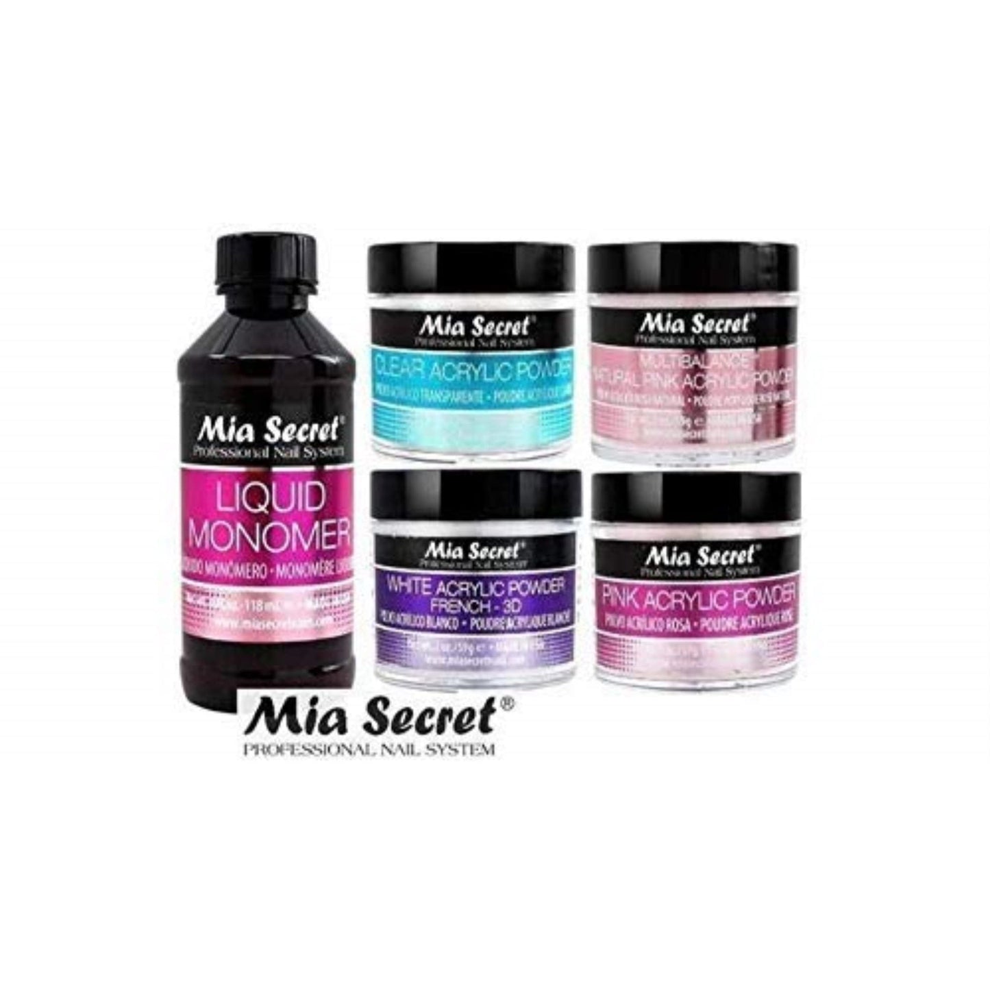 MIA SECRET 4 oz LIQUID MONOMER + Acrylic Powders Set - Pink 2 oz, Clear 2 oz, 3D White 2 oz & Multibalance Pink 2 oz Beauty & Personal Care Mia Secret