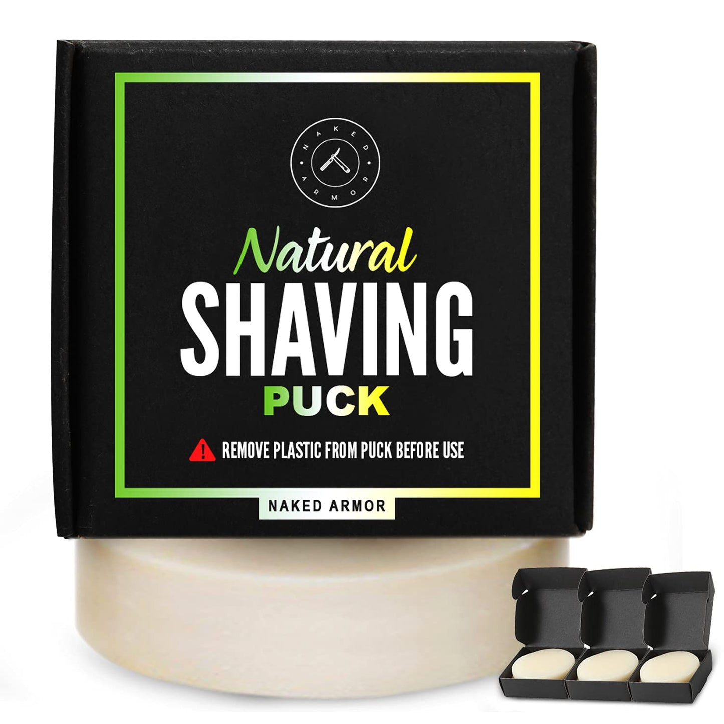 Naked Armor 3-Pack Natural Shave Soap Pucks - Wet Shaving Soap for Sensitive Skin - Organic Ingredients with Shea Butter & Eucalyptus - Premium Beauty and Personal Care Naked Armor