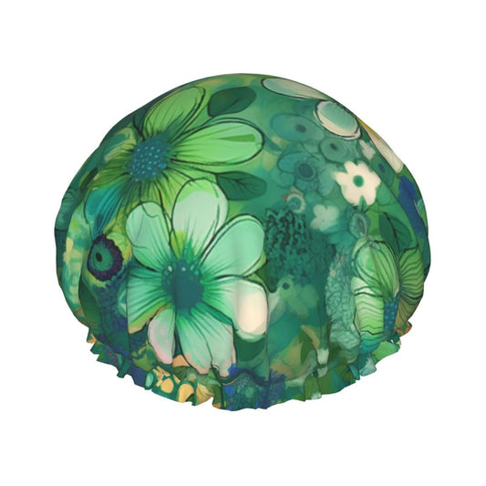Abstract Seasonal Green Floral Shower Cap For Women Reusable Double Layers Bathing Bath Cap Hair Caps Waterproof Elastic Band Ladies Spa Salon Shower Beauty and Personal Care GDSHJKLW