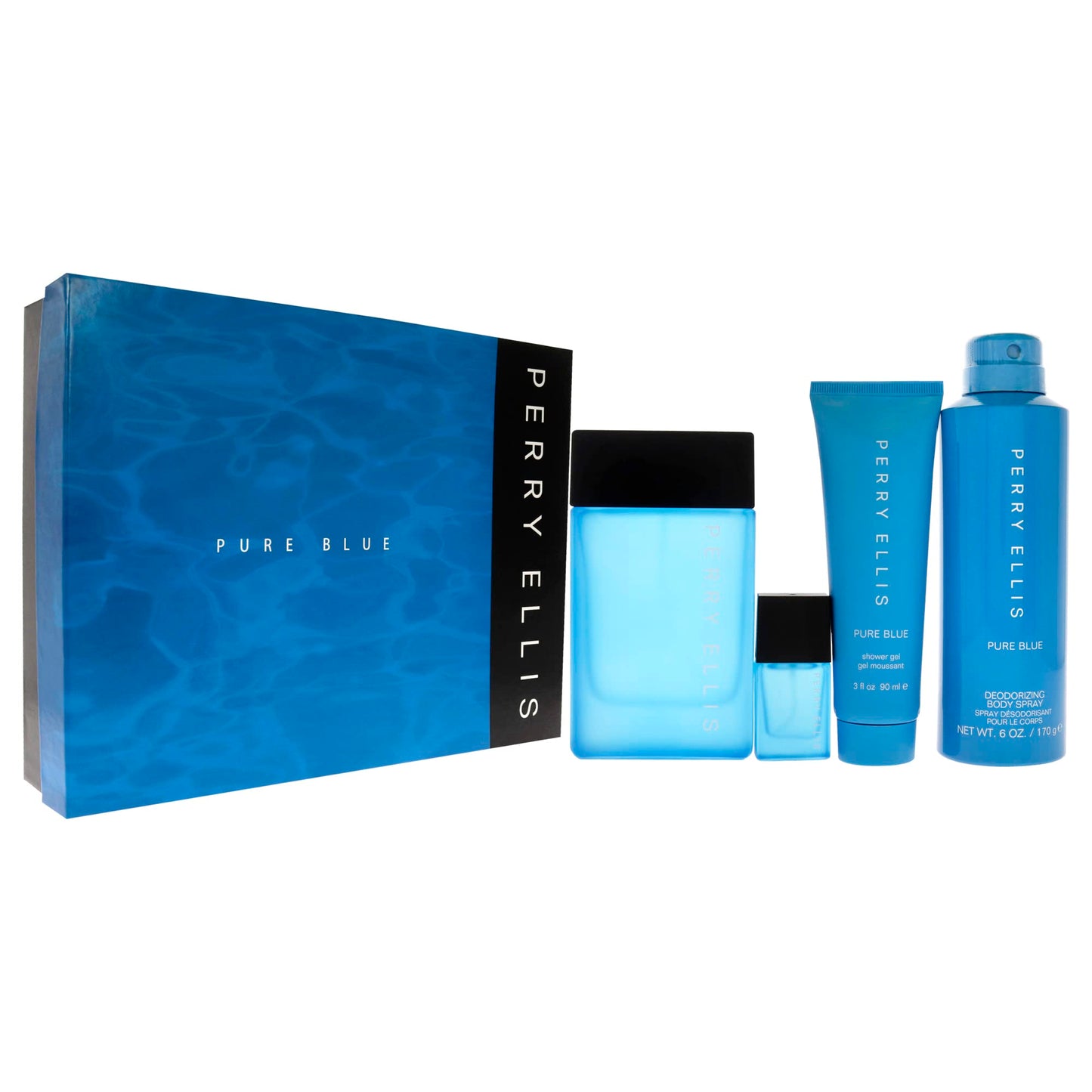 Perry Ellis Perry Ellis Pure Blue 3.4oz EDT Spray, 3oz Shower Gel, 6oz Deodorant Body Spray, 7.5ml Travel EDT Spray Men 4 Pc Gift Set Beauty & Personal Care Perry Ellis