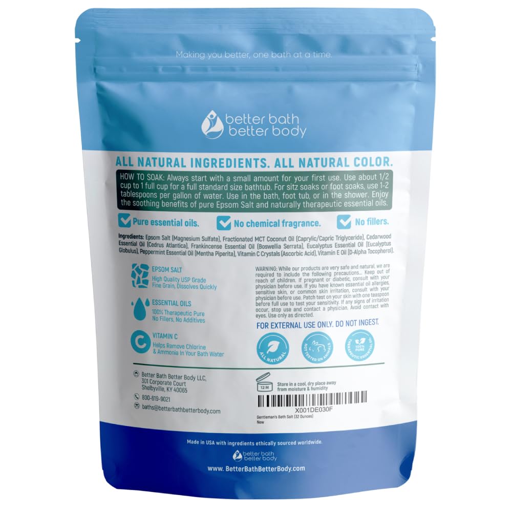 Gentleman's Bath Salt 32 Ounces Epsom Salt with Natural Cedarwood, Frankincense, Eucalyptus and Peppermint Essential Oils Plus Vitamin C in BPA Free Beauty & Personal Care Better Bath Better Body