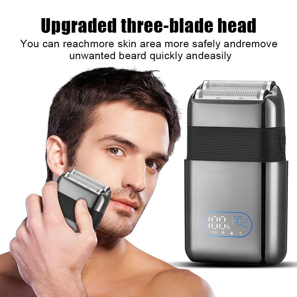 Electric Foil Shavers for Men: Portable Travel Razor with Big LED Display & 3 Floating Blades IPX7 Waterproof Wet Dry Face, Rechargeable,Powerful Beauty and Personal Care QDKVTNDJZ