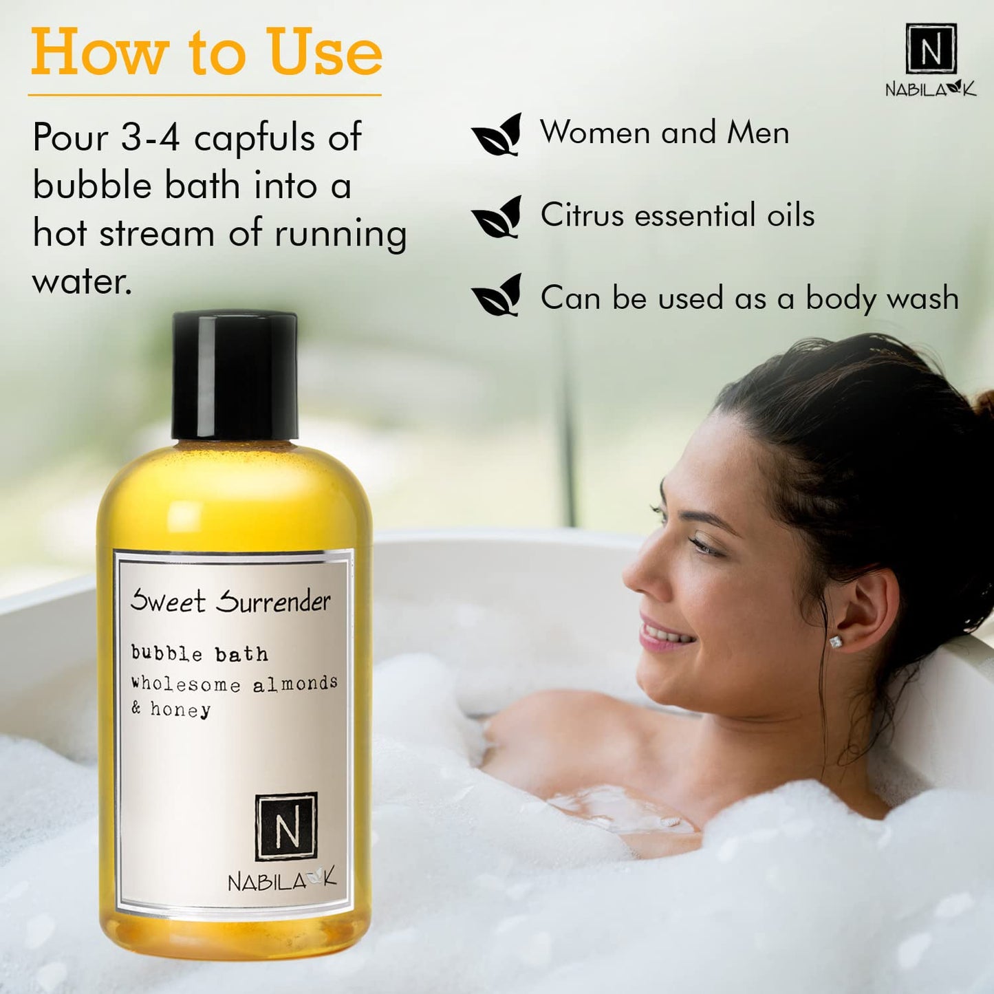 Nabila K Sweet Surrender Bubble Bath with Almond & Honey | Natural & Organic, Sulfate-Free, Tear-Free | Luxury Aromatherapy Bath Soak for Sensitive Beauty & Personal Care Nabila K