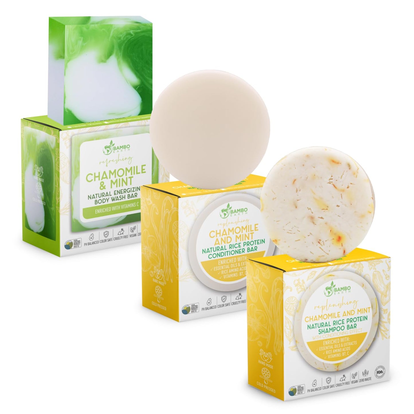 Solid Rice Protein Shampoo, Conditioner and Body Wash Bundle | Shampoo, Conditioner & Wash Bars For Hair and Body w/All Natural Plant Based Essential Beauty & Personal Care BAMBOEARTH