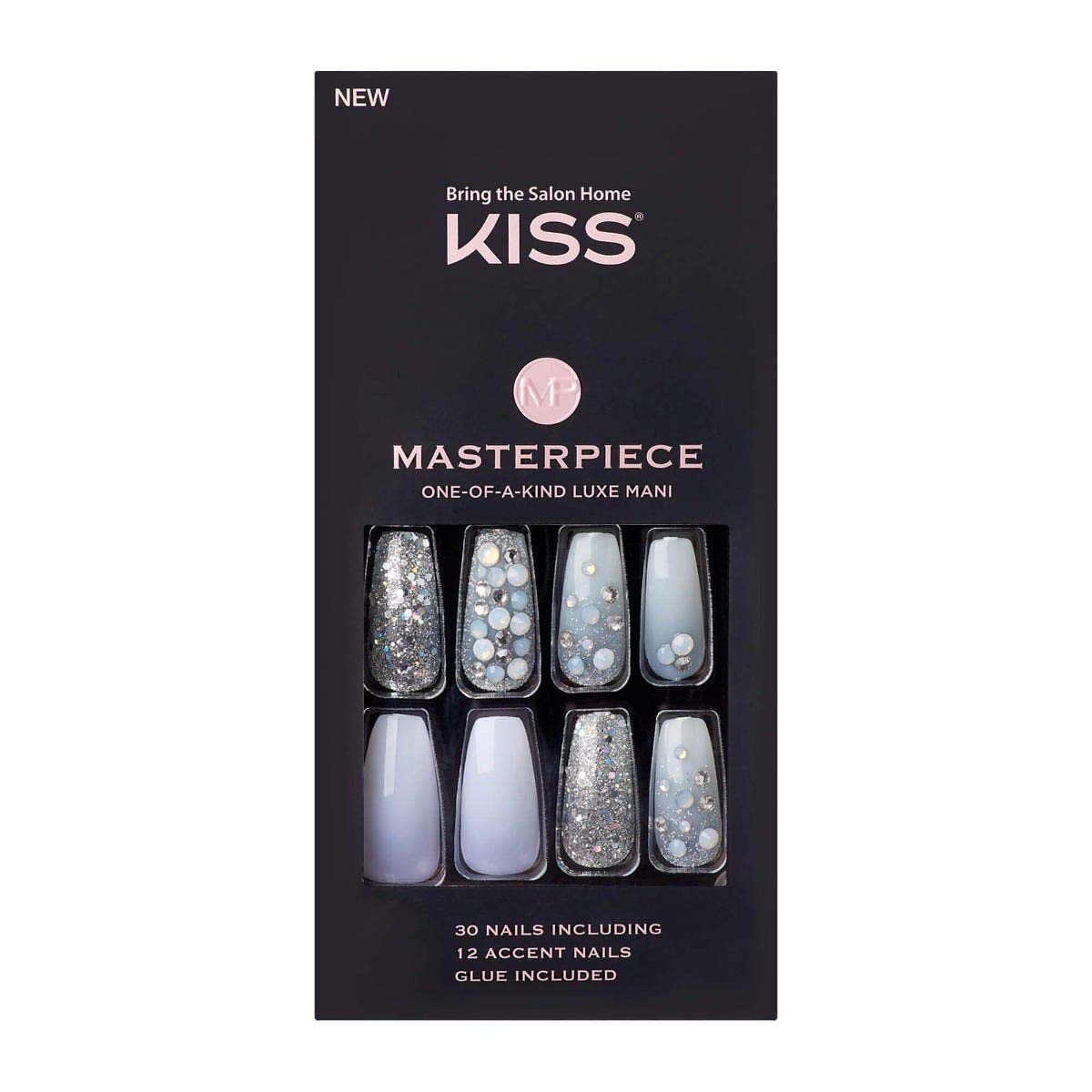 KISS Masterpiece One-Of-A-Kind Luxe Mani, Long Length, Premium Acrylic Fake Nails, Style “No.1”, with Pink Gel Nail Glue, Manicure Stick, Mini File, Beauty & Personal Care KISS