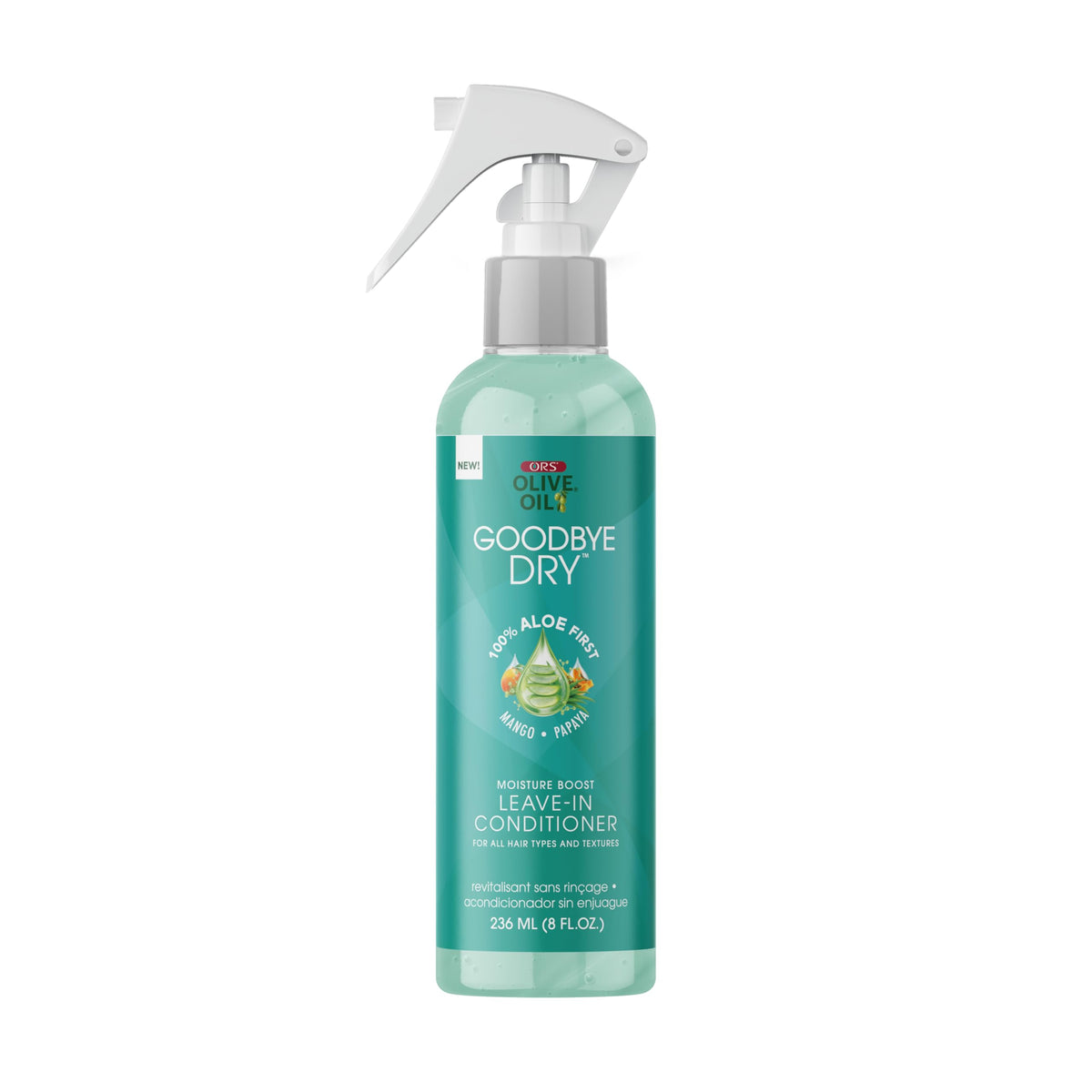ORS Olive Oil Goodbye Dry Moisture Boost Leave-In Conditioner with Aloe, Mango & Papaya for all Hair Types and Textures 8 Ounces