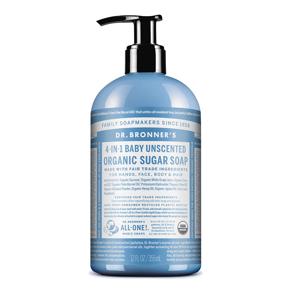 Dr. Bronner's Organic Sugar Soap (Baby Unscented, 12 Ounce) - Made with Regenerative Certified Organic Oils, Sugar & Shikakai Powder, 4-in-1 Use Beauty & Personal Care Dr. Bronner's