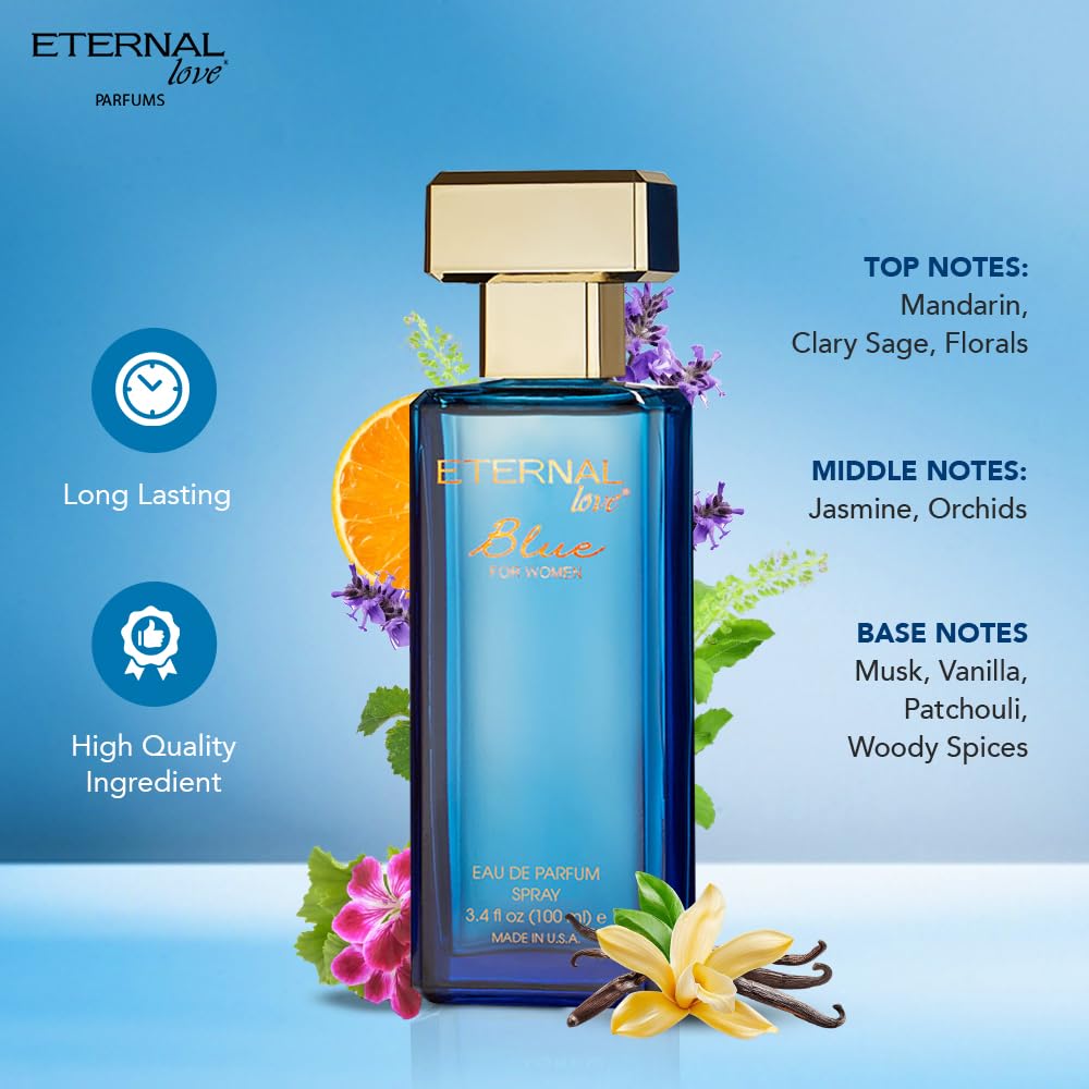 Eternal Love Blue for Women - Long Lasting Eau de Parfum Spray - Soft Powdery Floral Scent with Vanilla & Jasmine - Feminine & Alluring Fragrance Beauty & Personal Care Eternal Love