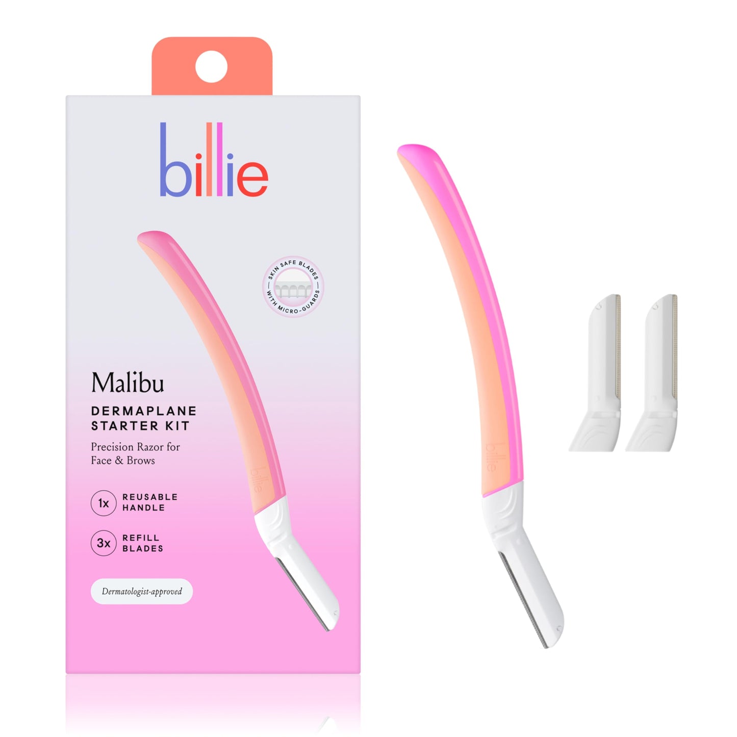 Billie - Dermaplane Starter Kit - Reusable Handle + 3 Refill Blades - Remove Facial Hair + Perfectly Shape Brows - Dermatologist-Approved - Malibu Beauty and Personal Care Billie