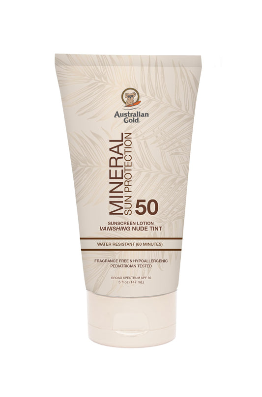 Australian Gold SPF 50 Mineral Sunscreen, 5 fl oz, Broad Spectrum Tinted Sunscreen, Gentle Protection for Every Shade, Vanishing Nude Tint, Blue Light Beauty & Personal Care Australian Gold