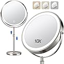 10x Large Lighted Makeup Mirror, Rechargeable 8" Height Adjustable Vanity Mirror, 1x/10x Magnifying Mirror with 3 Color, Brightness Adjustable, 360° Beauty & Personal Care UBYMET